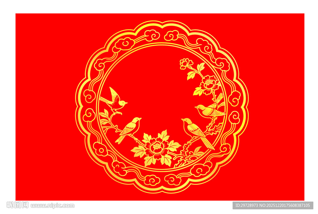 中式红底金纹花鸟装饰图