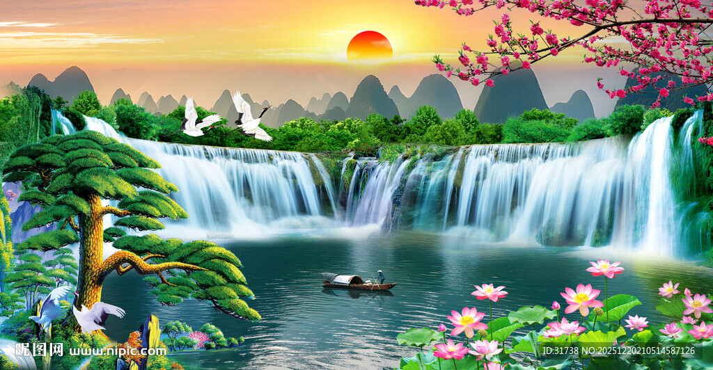 高山流水瀑布山水画