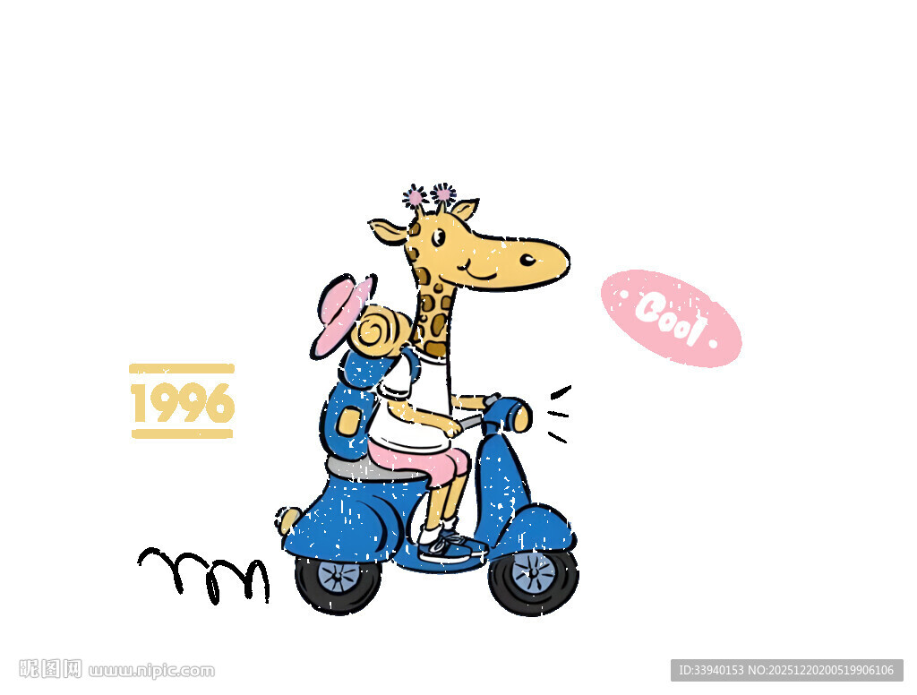 长颈鹿与女孩骑踏板车插画