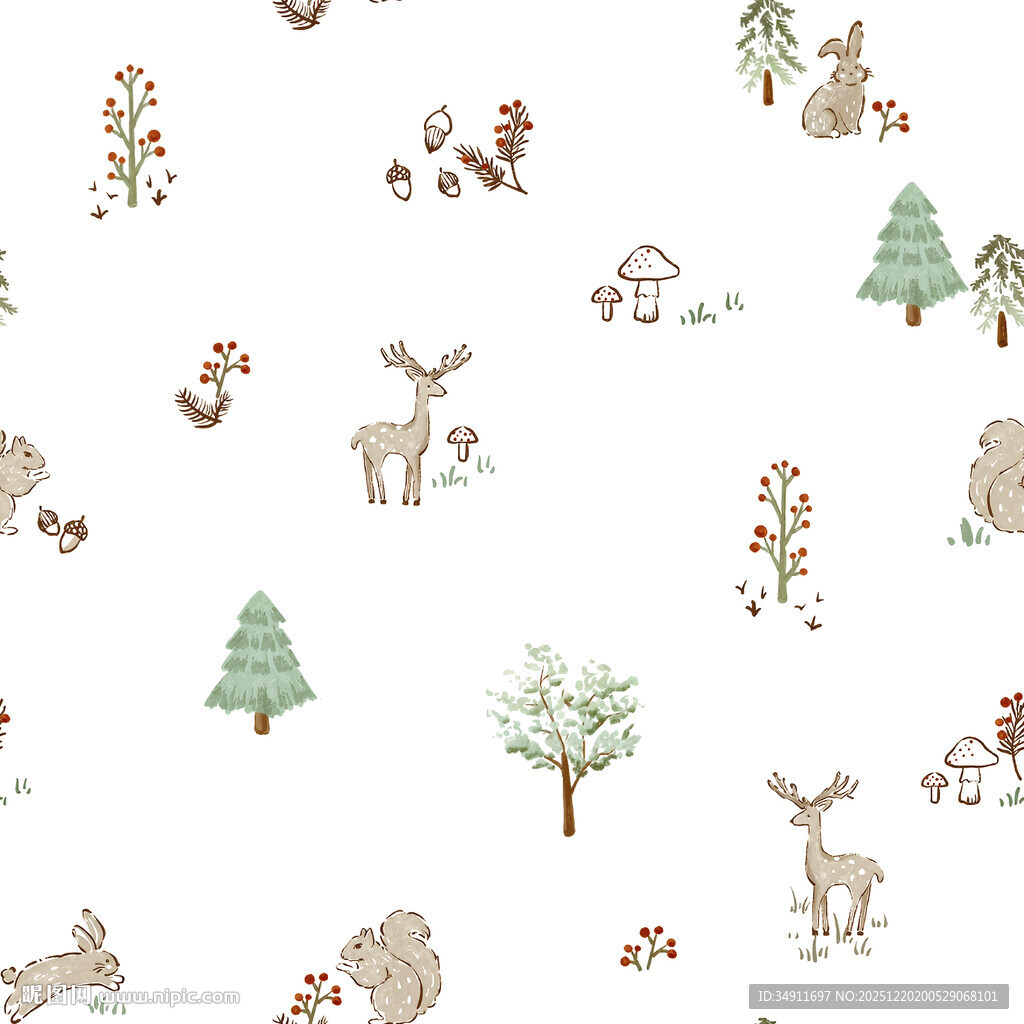 冬日森林动物植物图案