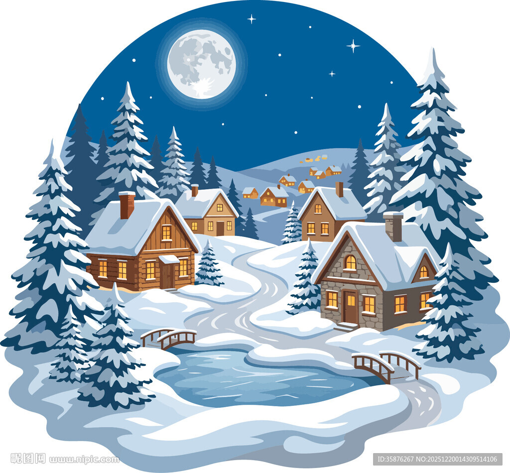 雪夜中的温馨村庄