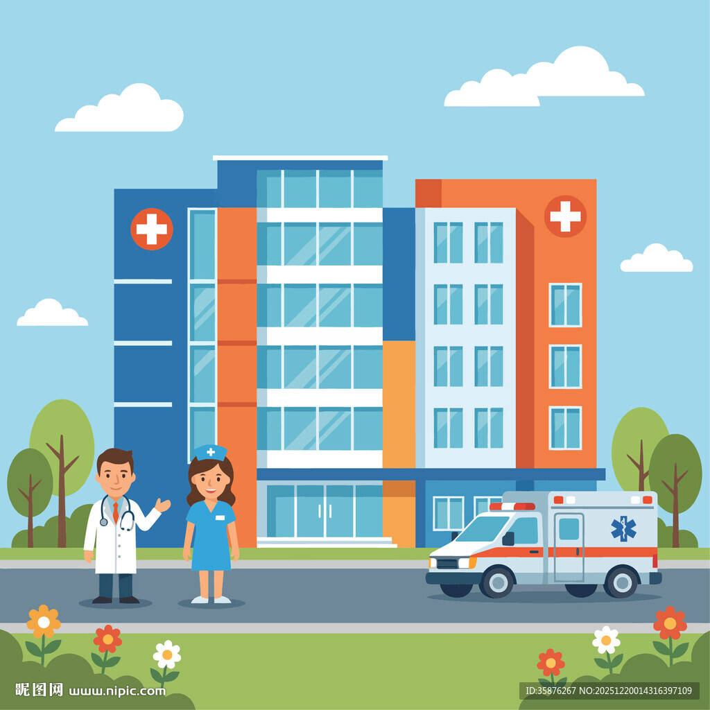 医院场景与医护人员和车辆