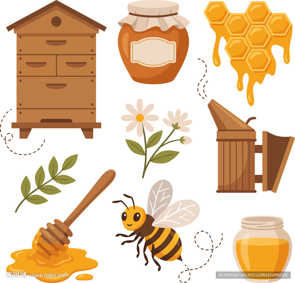 蜜蜂与蜂蜜相关元素插画