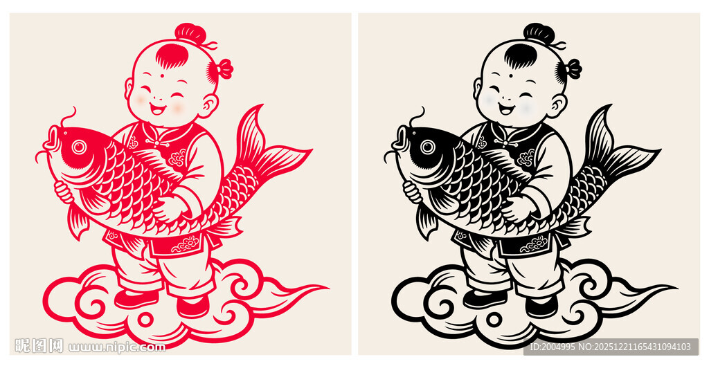 传统剪纸娃娃抱鱼图案