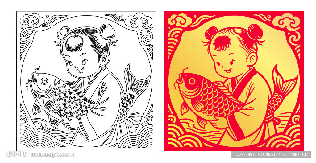 童子抱鱼剪纸风喜庆图案