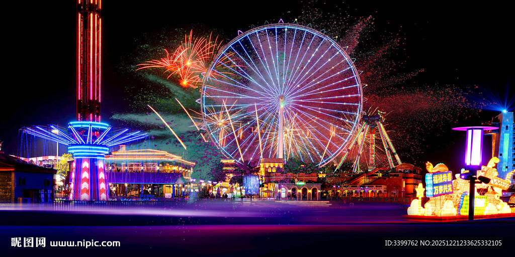 夜晚游乐园的璀璨烟火秀