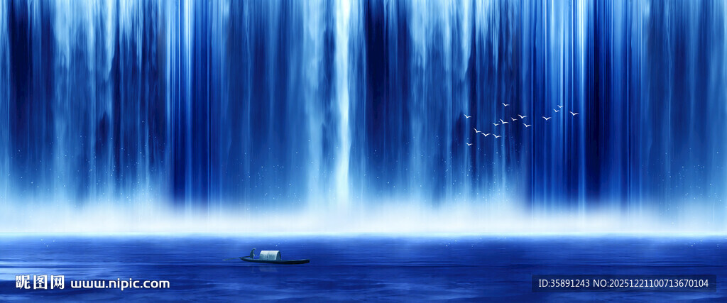 招财瀑布山水画