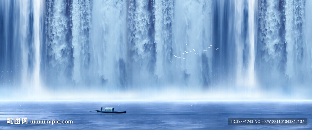 招财瀑布山水画