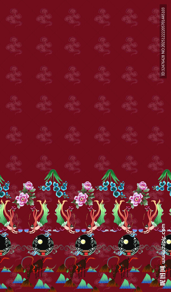 红色背景上的卡通人物图案汉服