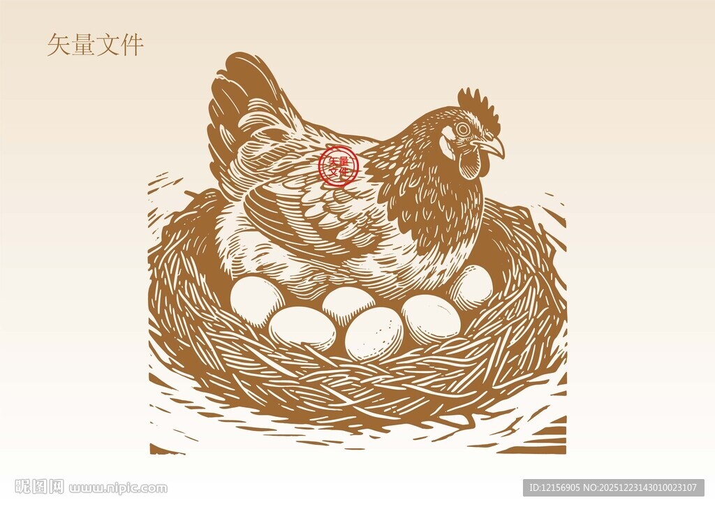 手绘母鸡插画版画