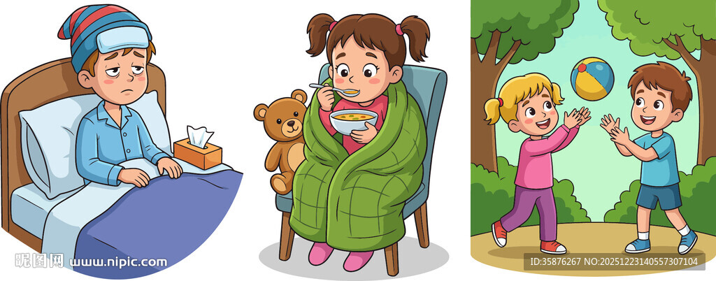 儿童生病治疗康复插画