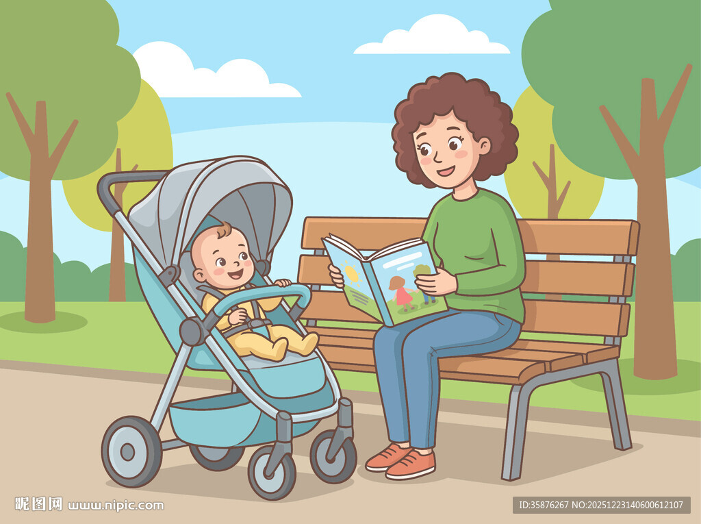 妈妈公园长椅看书育儿
