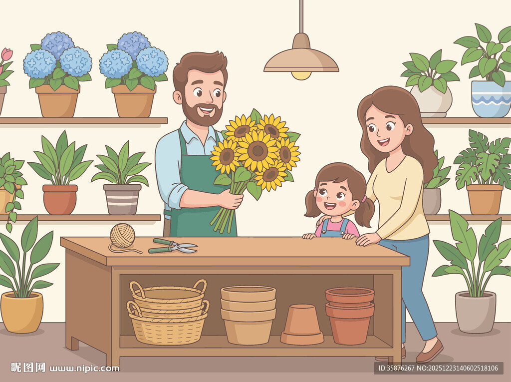 男店主花店卖花插画