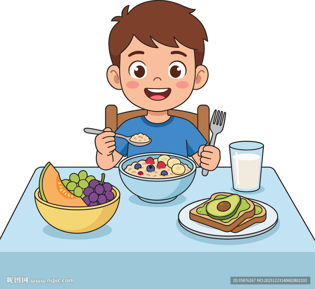 男孩健康早餐插画