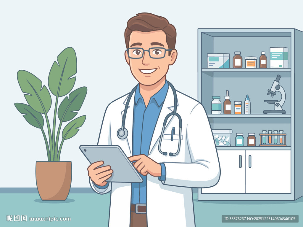 男医生诊室办公插画