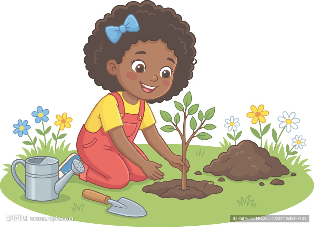 女孩植树环保插画