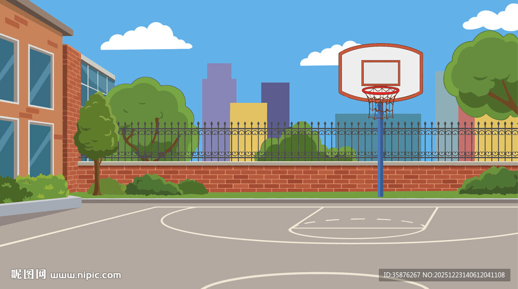校园户外篮球场插画