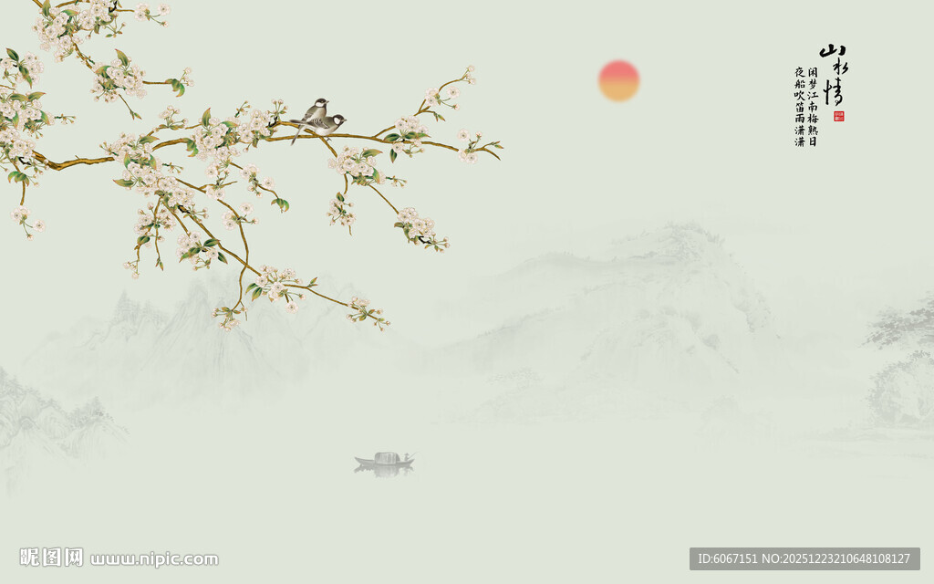 新中式工笔花鸟画背景墙