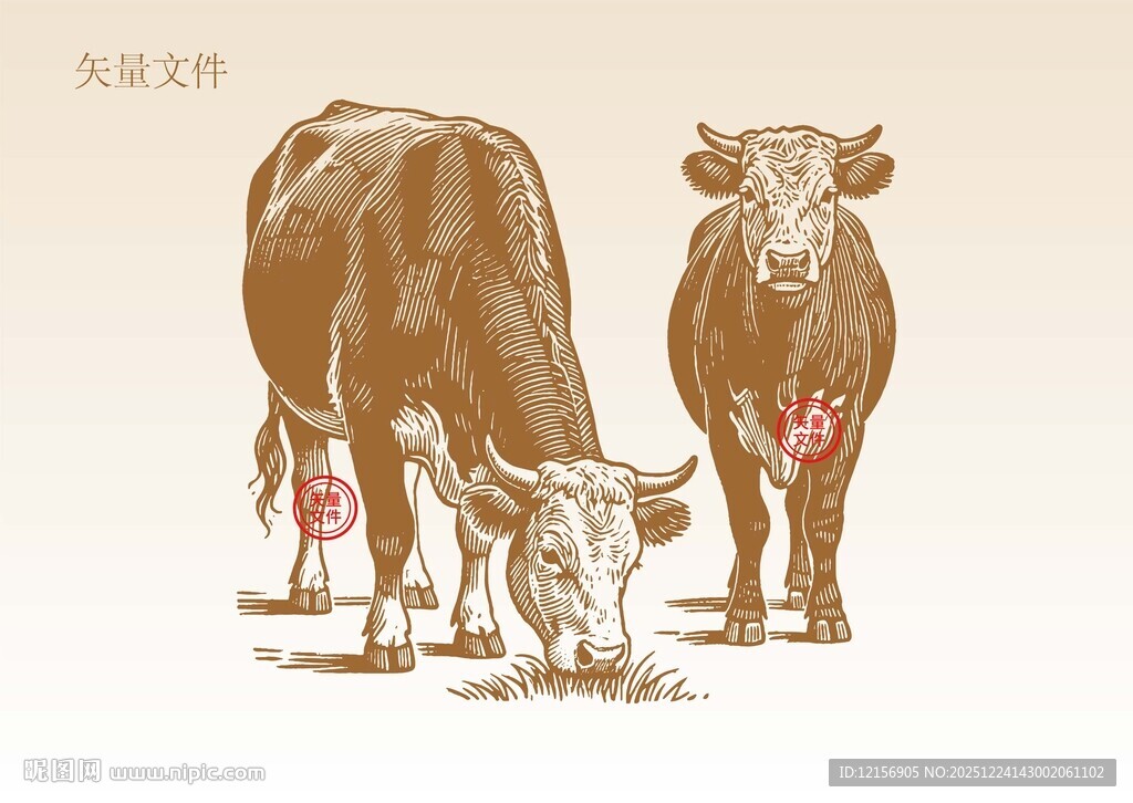 手绘牛插画版画