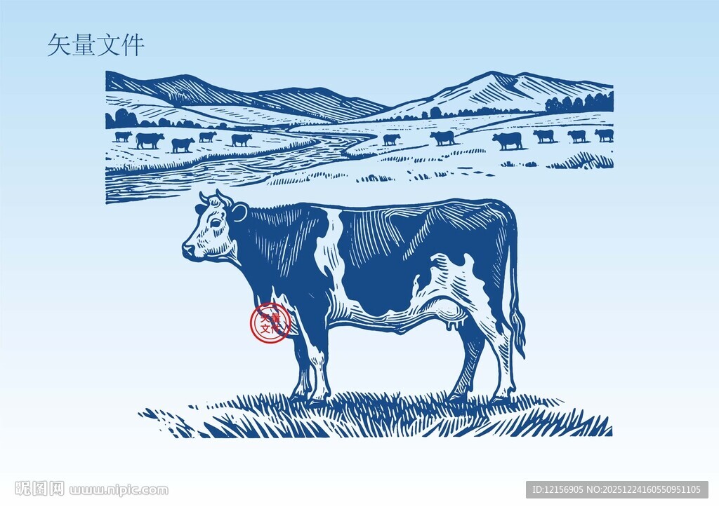 奶牛素描插画版画