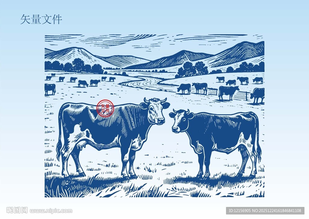 奶牛素描插画版画