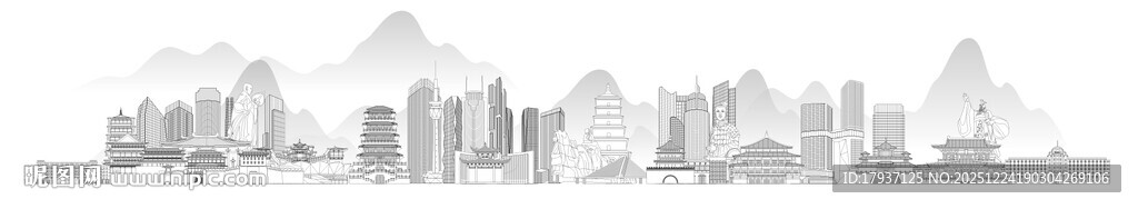 西安陕西城市建筑线描插画地标