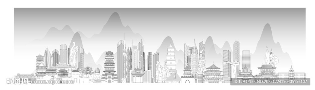 西安陕西城市建筑线描插画地标