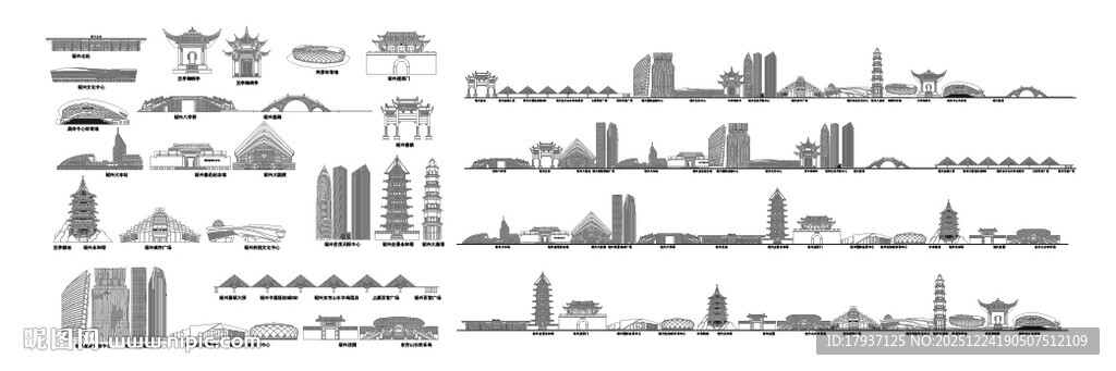 绍兴浙江城市建筑线描插画地标 