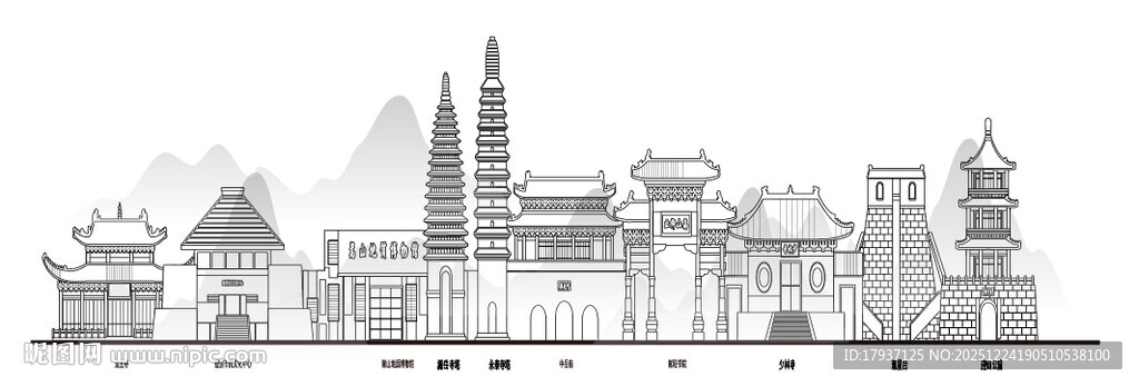 绍兴浙江城市建筑线描插画地标