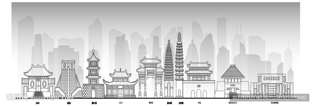 绍兴浙江城市建筑线描插画地标