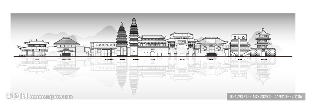 绍兴浙江城市建筑线描插画地标