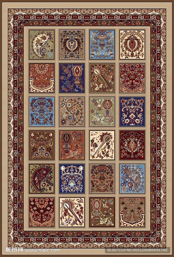 复古风多彩方块图案地毯