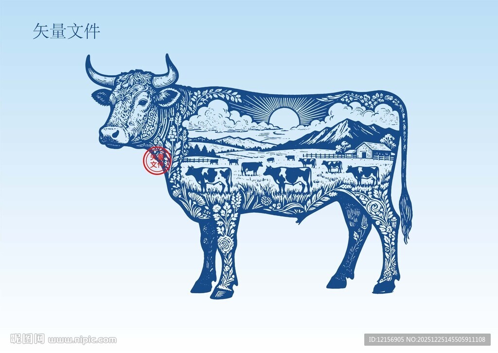 手绘牛插画版画