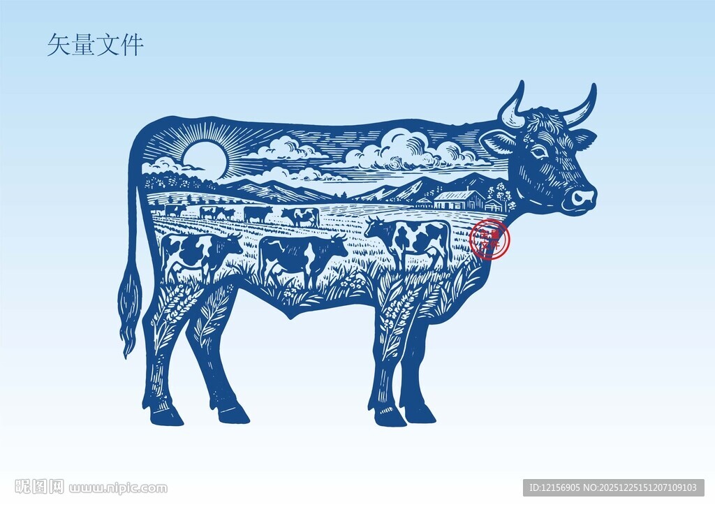 手绘牛插画版画