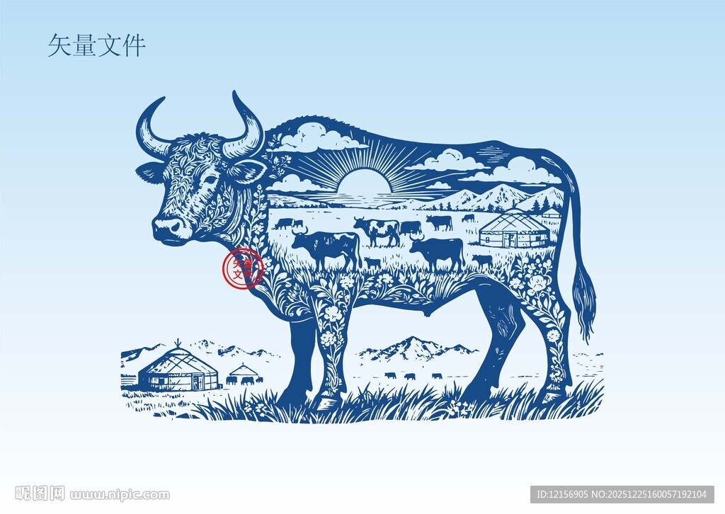 草原牛素描插画版画