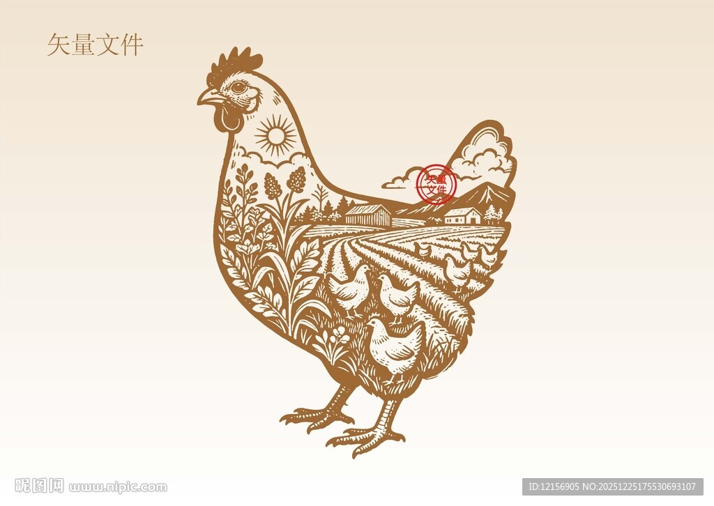 手绘鸡插画版画