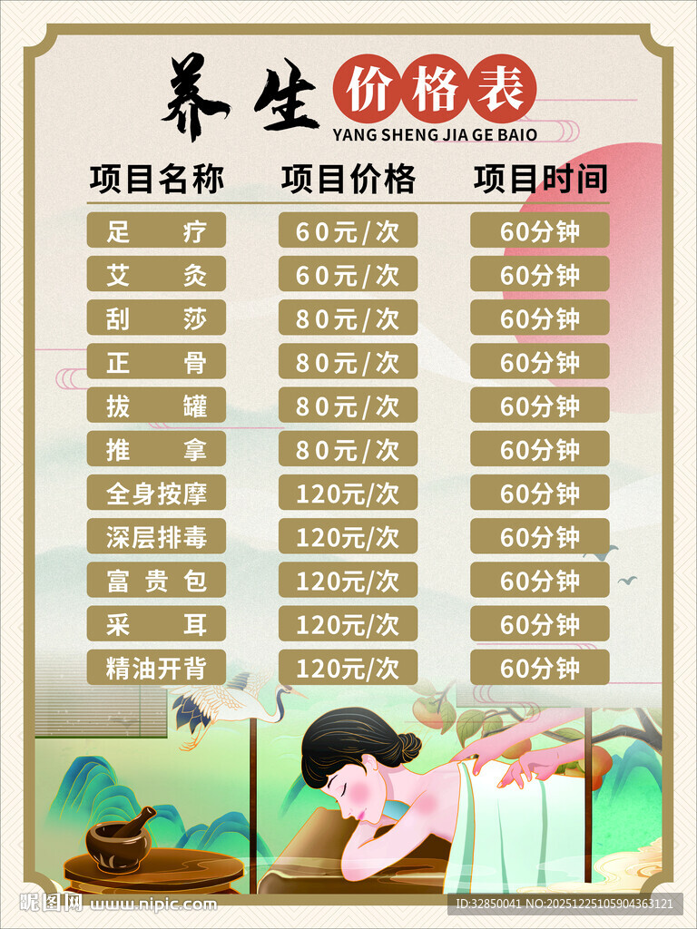 中医养生推拿按摩价格表