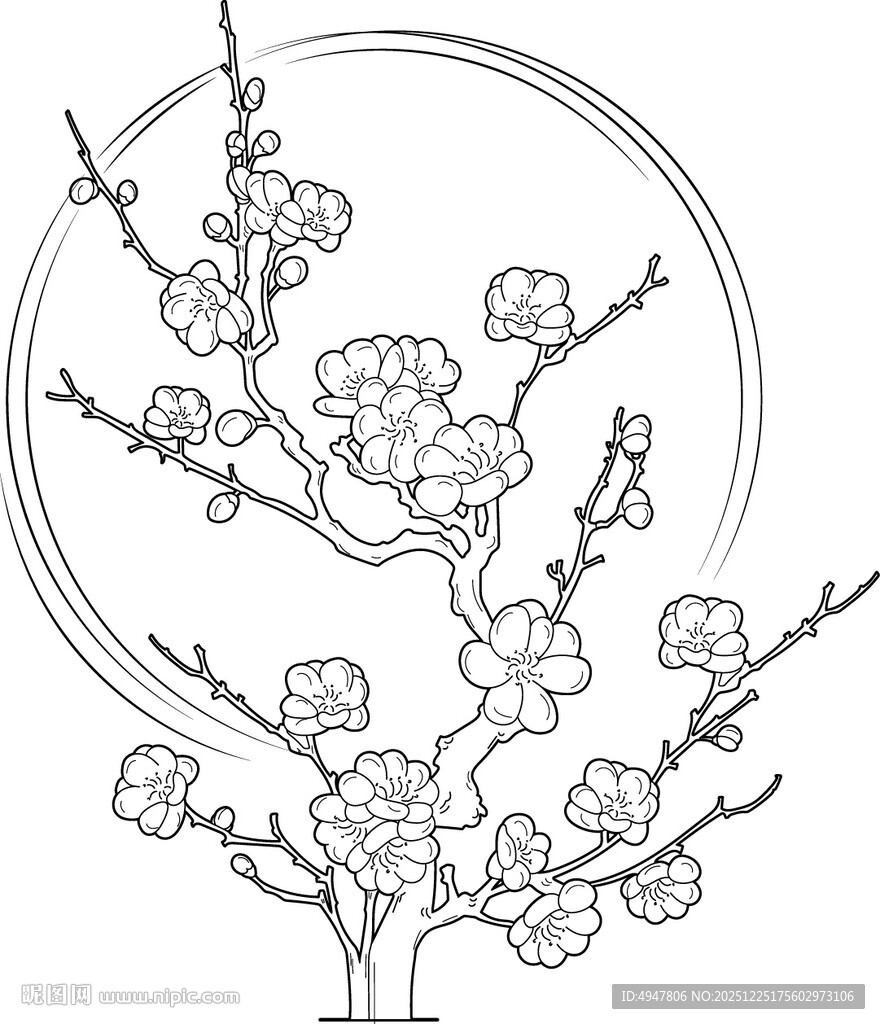 圆形轮廓下的梅花线描图 矢量图