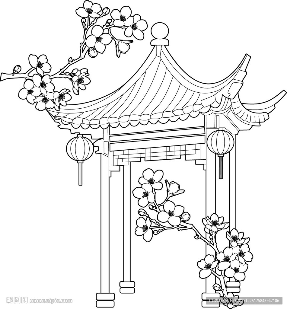 中式亭阁线描图 矢量图