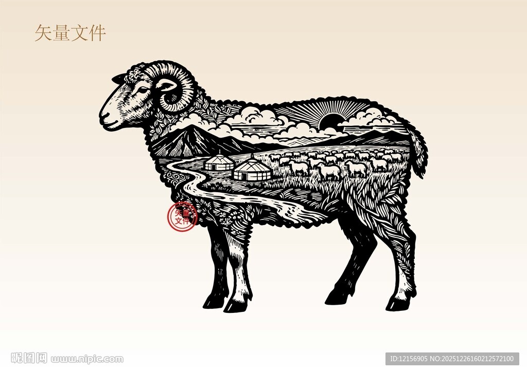 羊剪影插画版画