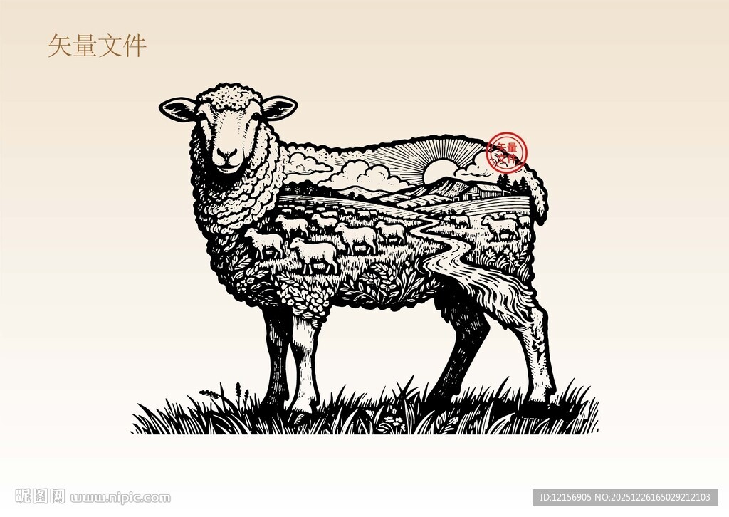 手绘羊插画版画