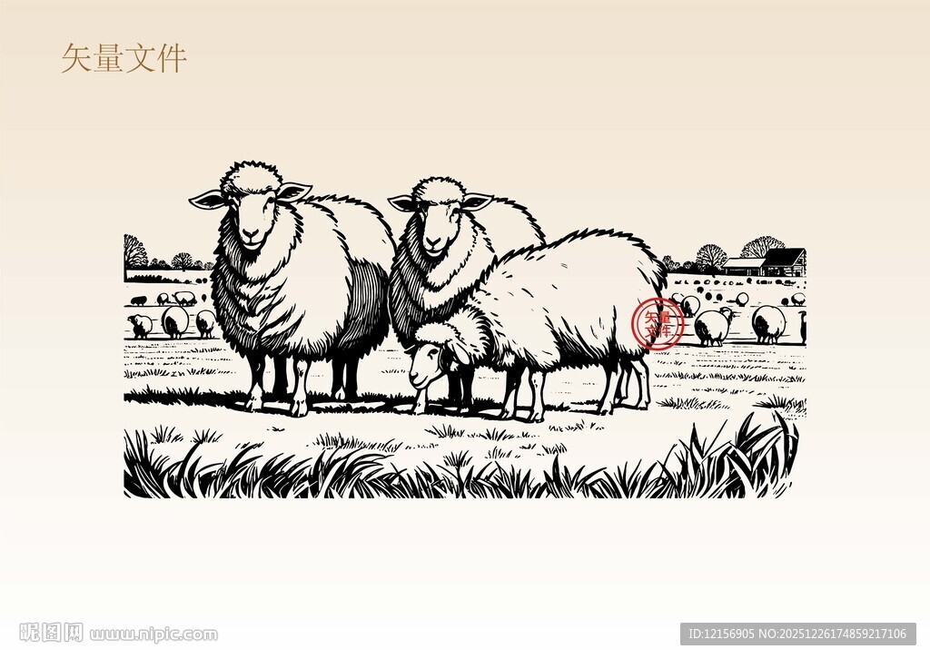 山羊线稿插画版画