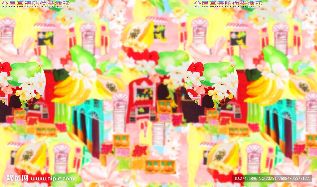 复古多彩卡通场景图案