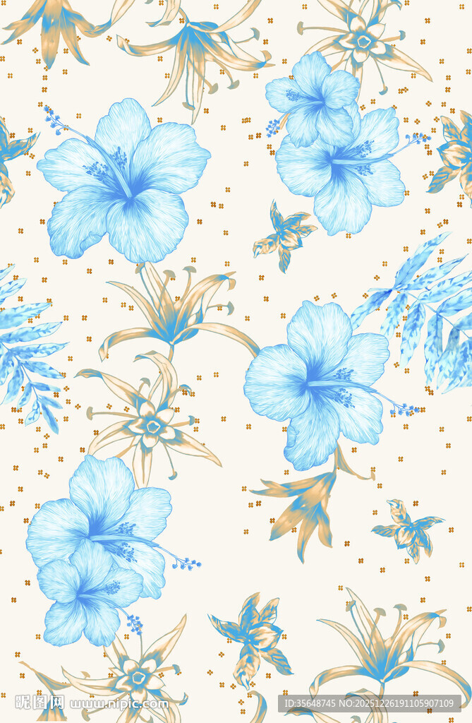 蓝花图案背景 清新自然风