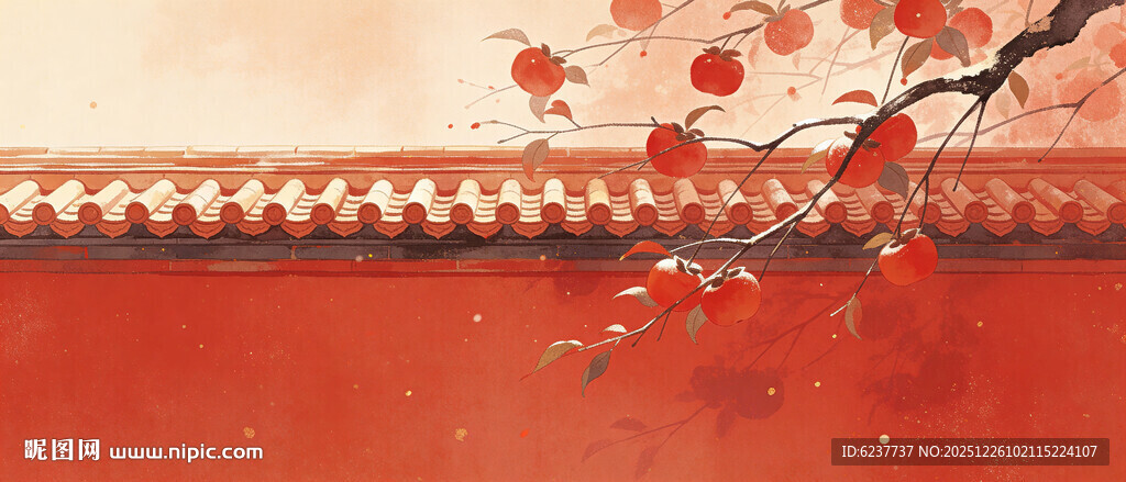 红墙枝头绽放的娇艳柿子