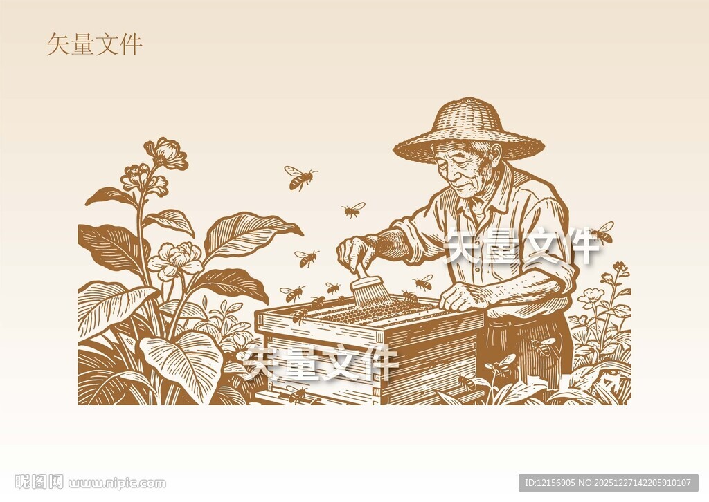 手绘蜂农素描 养蜂场插画
