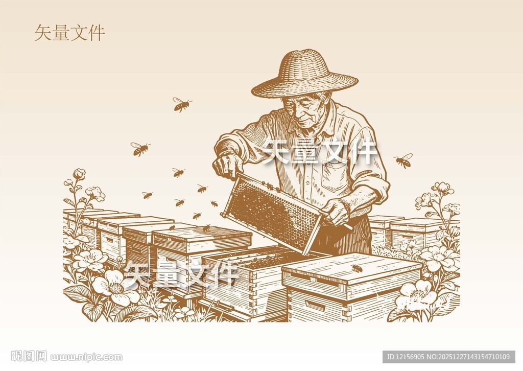 手绘蜂箱素描 养蜂人插画