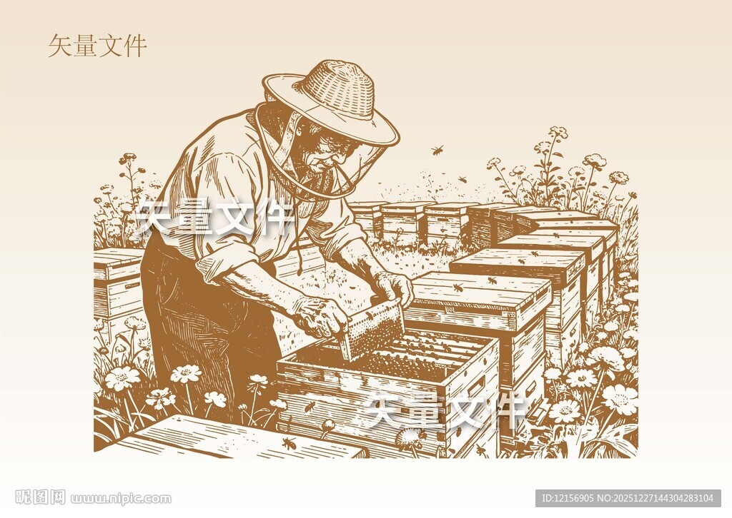 手绘蜂蜜素描 养蜂人插画