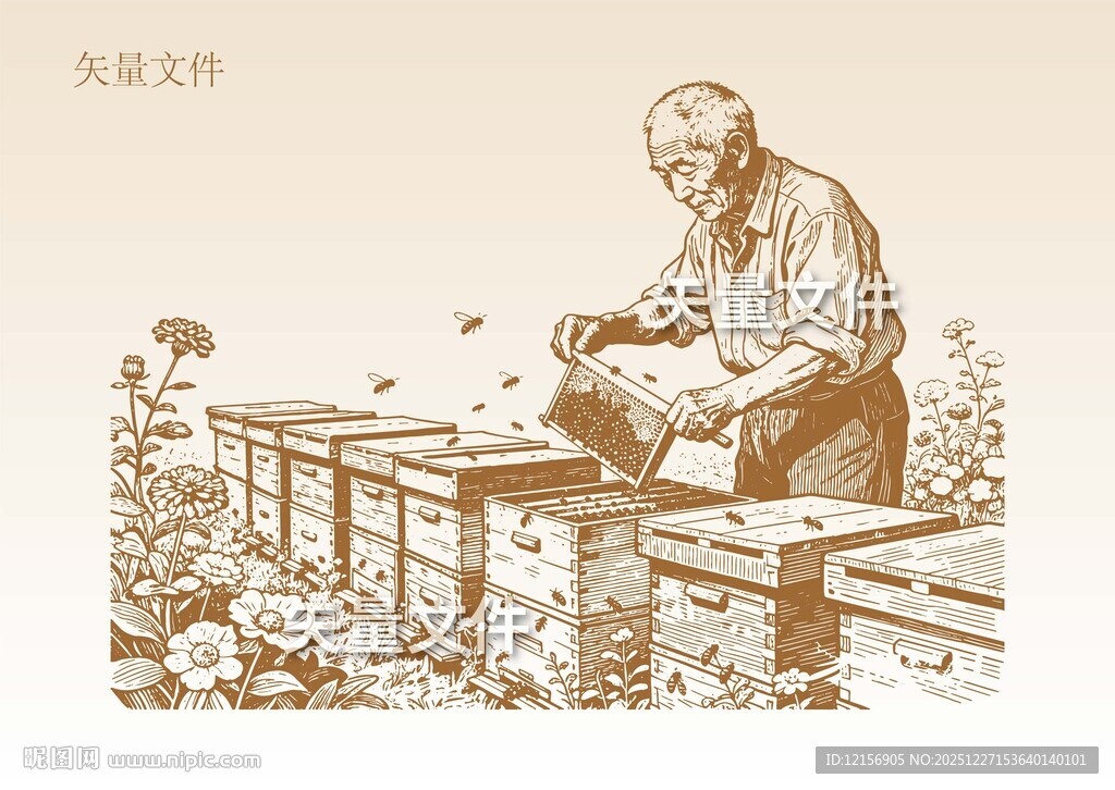 手绘蜜蜂素描 养蜂人插画
