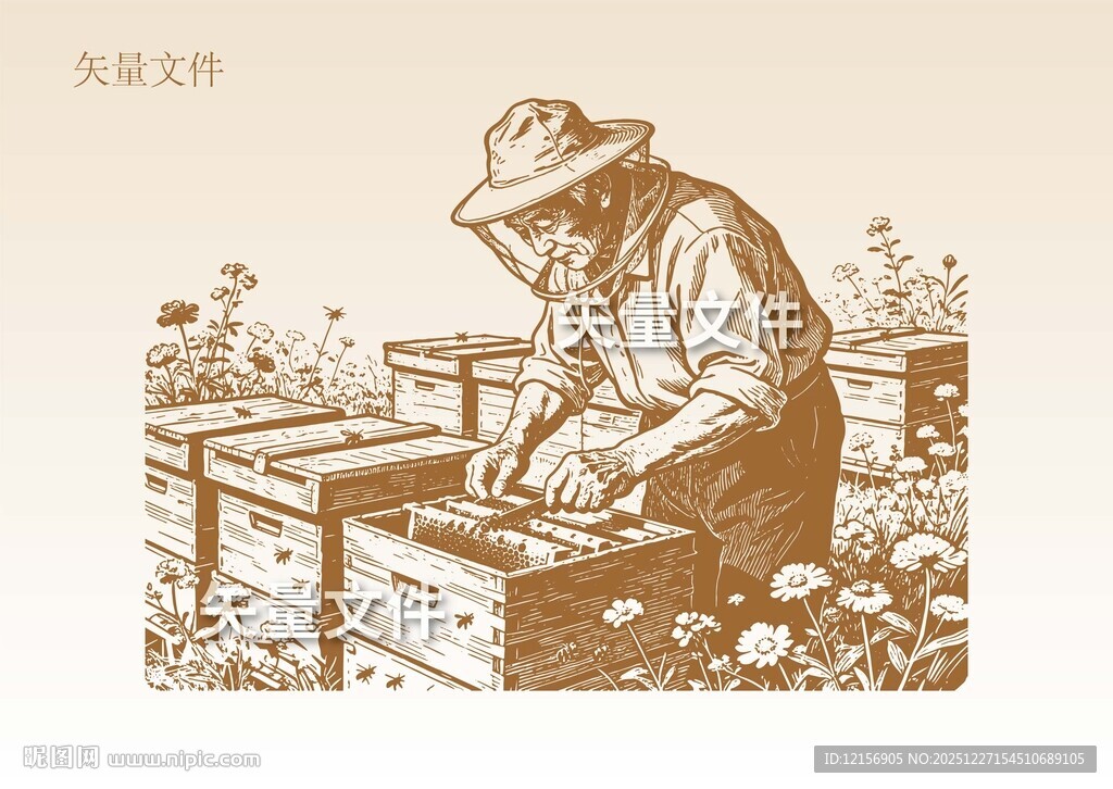 蜂农素描 养蜂人插画